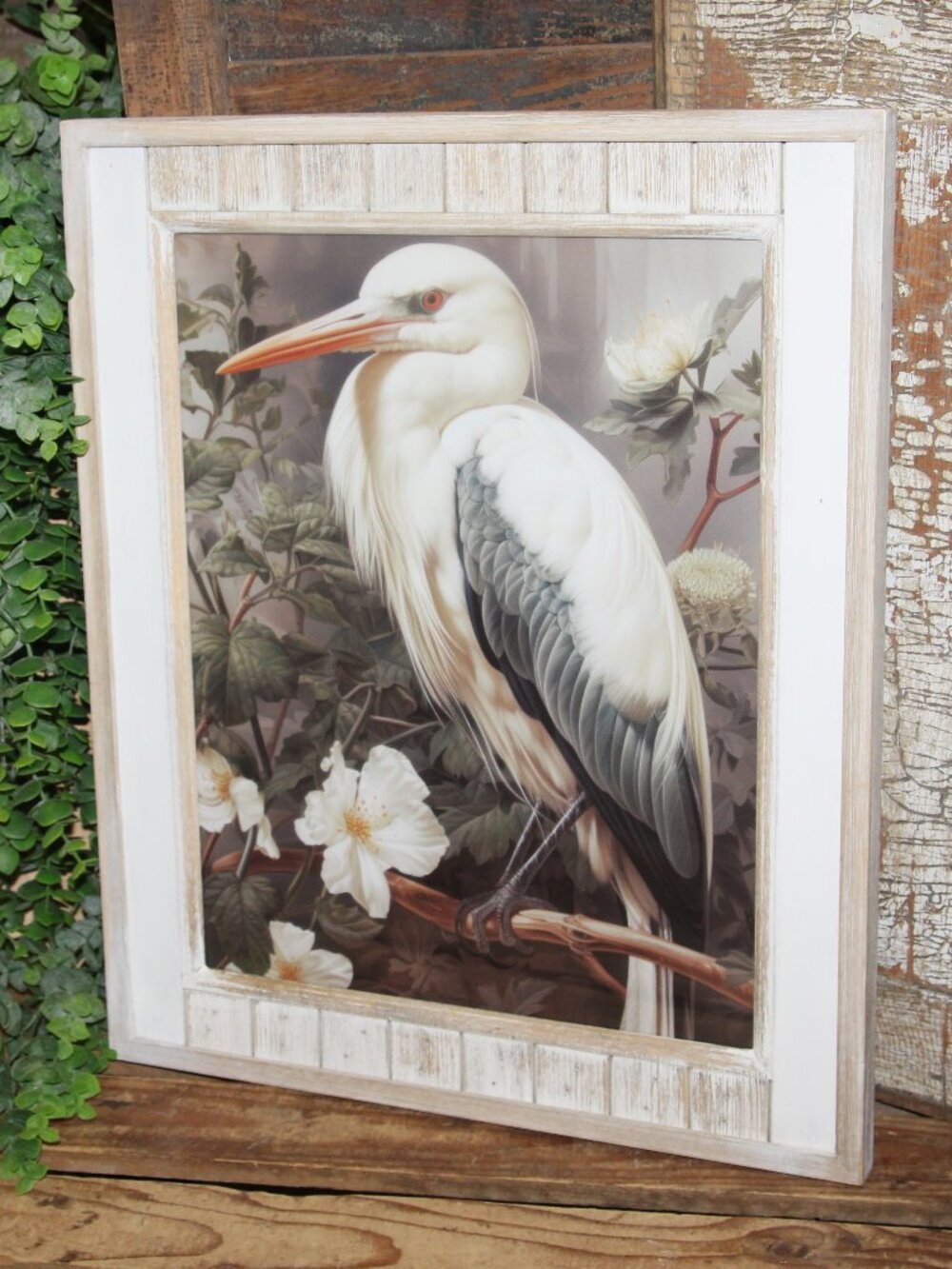 NEW Shabby Coastal Beach Side Farmhouse Egret Bird Wall Decor Picture